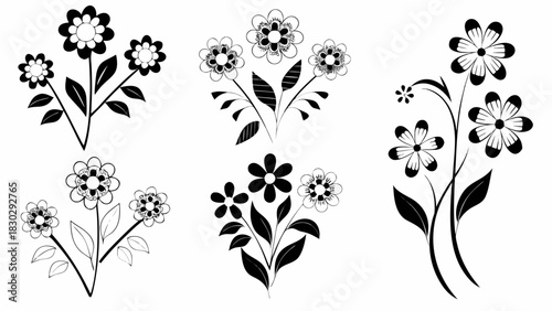 Elegant floral bouquets in a black and white design, perfect for invitations, branding, and spring designs with a stylish vintage vector aesthetic