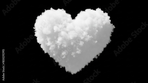 A fluffy white cloud shaped like a heart against a stark black background.