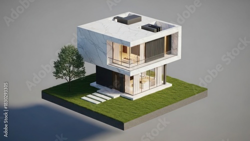 Modern minimalist two-story house with large windows, grass, and a tree.