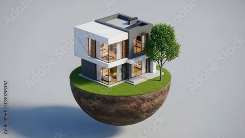 A modern two-story house model sits atop a grassy land sphere.