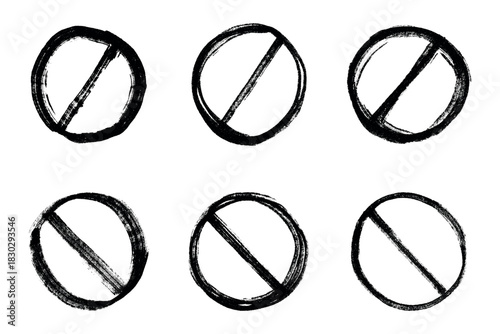 Set of hand drawn prohibition sign No entry symbol Black circle with cross line clipart in doodle style Ban Restriction Forbidden stop Single element for print, web, design