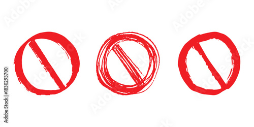 Set of hand drawn prohibition sign No entry symbol Red circle with cross line clipart in doodle style Ban Restriction Forbidden stop Single element for print, web, design