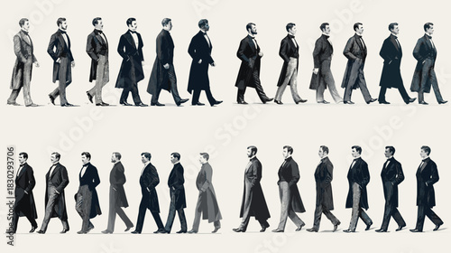 Vintage men in suits walking in sequence, side view walk cycle in monochrome style, classic business characters for animation, motion studies, retro design reference.