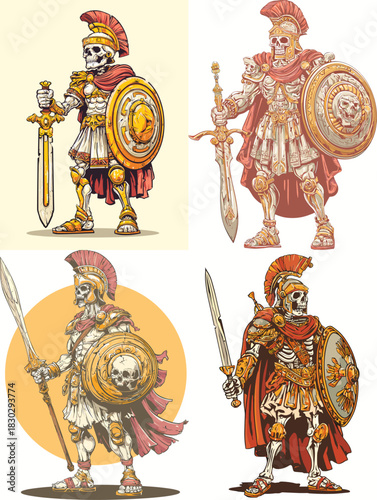 Set of fantasy skeleton gladiator warriors in ornate Roman armor with sword and shield, detailed character design for games, mythology, dark fantasy illustration.