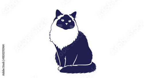 An elegant graphic illustration of a sitting long-haired cat with prominent white chest fur and dark blue body.