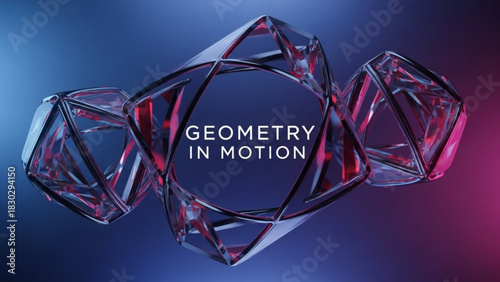 Three dimensional geometric shapes with a reflective surface in a blue and pink gradient background