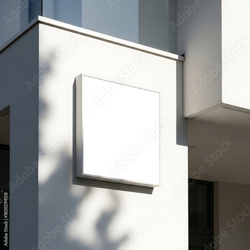 Blank square sign on building facade, modern architecture, empty space for text or logo