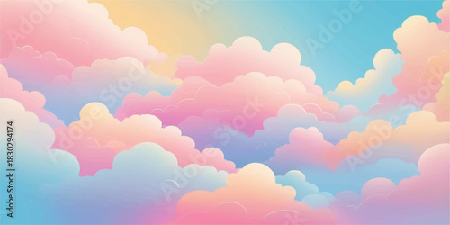 Beautiful bright blue sky with white fluffy heart-shaped clouds in the summer sunlight