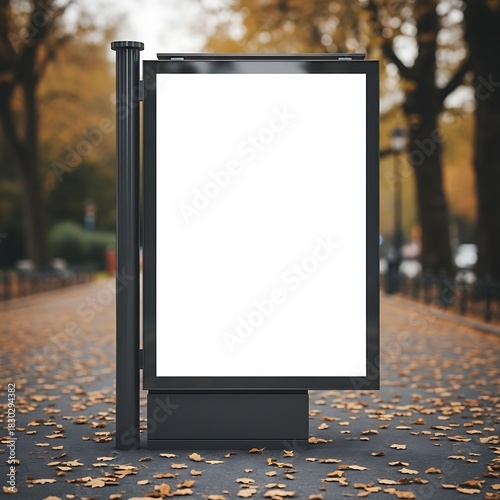 Billboard mockup in park setting with autumn leaves, empty display for advertising