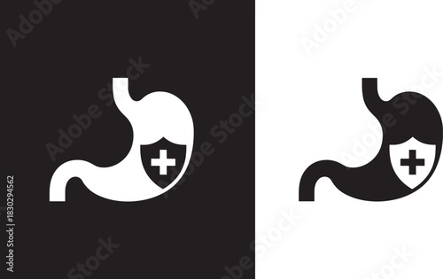 Stomach Icon with Shield and Plus Sign in Black and White organ human
