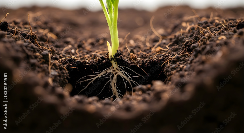 Fototapeta premium Young Plant Root System Anchoring in Fresh Soil – Early Growth and Regenerative Agriculture Macro