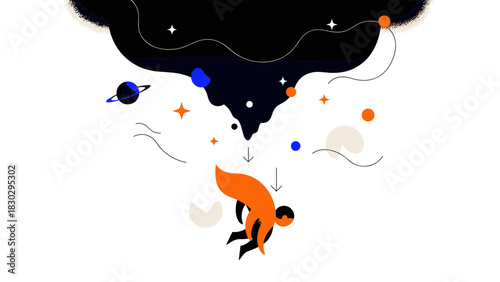 Dynamic Flat Design Illustration Symbolizing Aspiration, Growth, and Cosmic Exploration with a Heroic Figure