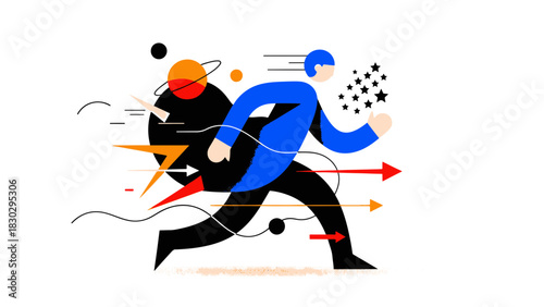 Energetic Person in Motion, Exploring Future Concepts with Vibrant Flat Design Graphics