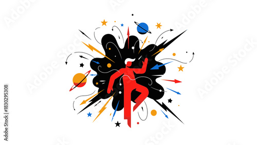 Bold Flat Design Illustration of Energetic Figure in Cosmic Burst, Abstract Space Exploration with Starry Explosions