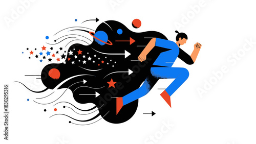 Dynamic Flat Design of a runner creating a cosmic trail, symbolizing innovation, speed, and expanding horizons