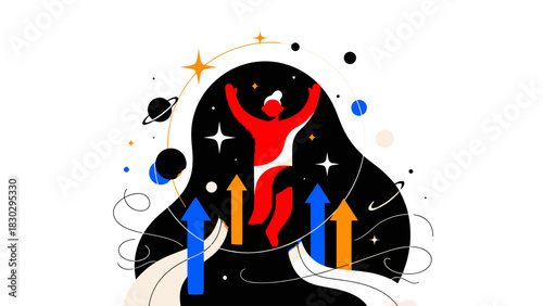 Vibrant Flat Design Depicting Personal Growth, Success, and Aspiration, Symbolizing Uplifted Human Potential