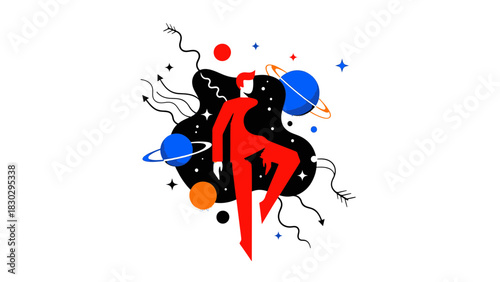 Dynamic Flat Design illustration of a human figure soaring through a vibrant abstract cosmic space