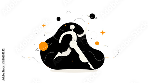 Running through a cosmic landscape a modern flat design illustration symbolizing progress and universal exploration