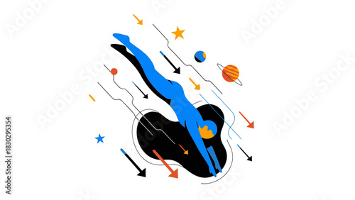 Abstract Flat Design illustration of a person diving through space, reflecting motion, exploration, and dynamic energy