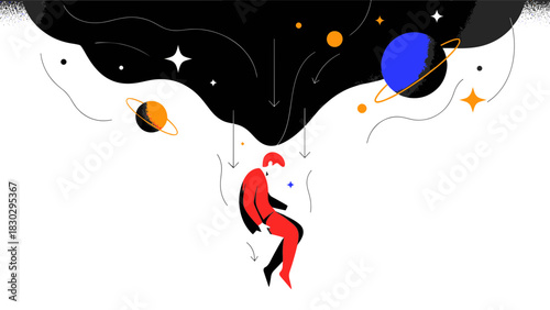 Flat Design illustration Human figure falling into a cosmic void, representing introspection and existential exploration