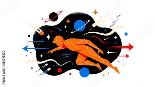 Flat Design Concept Speedy Human Figure Soaring Through Cosmic Space with Planets