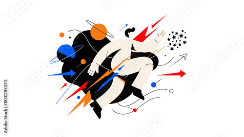 Energetic Flat Design illustration of a person embracing innovation and driving progress in a dynamic digital landscape