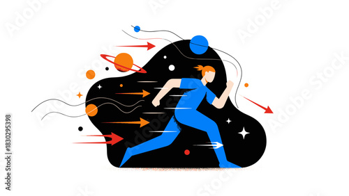 Dynamic Cosmic Journey with Agile Runner in Modern Flat Design Illustration Showing Progress and Velocity