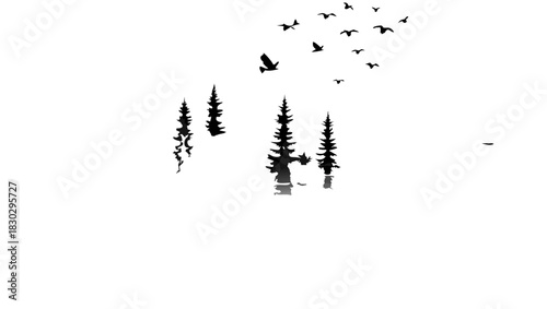 Serene forest landscape with soaring birds, minimalist nature scene evokes tranquility and freedom, ideal for calming backgrounds and nature-themed designs
