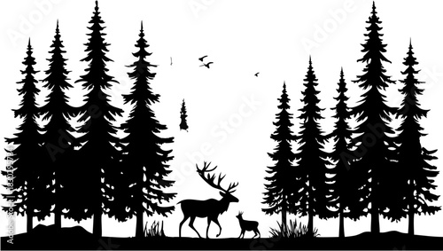 Stunning silhouette of deer family in serene forest, nature escape, wildlife beauty, peaceful outdoor scene, vector style, wilderness adventure, woods feeling