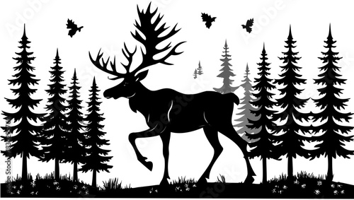 Majestic moose silhouette amidst serene forest pines, a symbol of wilderness and nature's beauty, perfect for rustic designs and outdoor themes