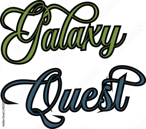 Elegant Galaxy Quest Script Text Logo Design – Stylish 'Galaxy Quest' script text in green and blue with shadows on a black background. Graphic design element