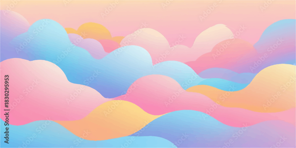 Obraz premium Abstract, colorful sunset landscape vector illustration with pink sky, sun, and stylized mountain clouds