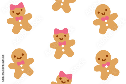 Repetitive pattern of gingerbread men with pink bows
