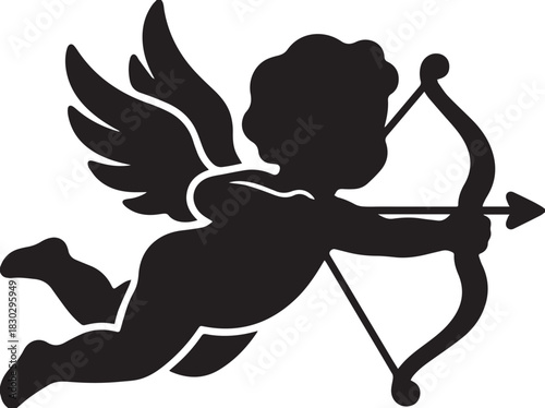 Silhouette of a flying cupid with bow and arrow ready to shoot.