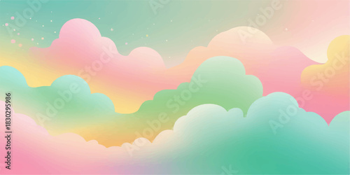 Abstract nature landscape vector illustration of a sunny day cloudscape with rainbow and sunlight rays in the blue sky