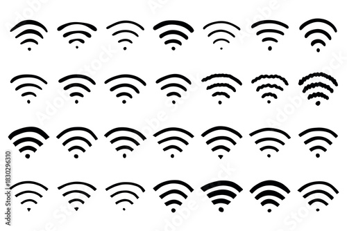 Set of hand drawn free wifi spot zone sign Public wi-fi area sign Wireless internet clipart in doodle style Single element for print, web, design, decor 3G, 4G, 5G, 6G, IoT