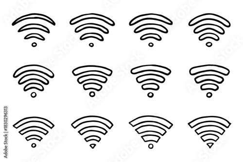 Set of hand drawn free wifi spot zone sign Public wi-fi area sign Wireless internet clipart in doodle style Single element for print, web, design, decor 3G, 4G, 5G, 6G, IoT
