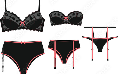 PrintElegant black and pink lace lingerie set, bras, panties, garter belt, intimate apparel illustration for fashion design, boutique catalog, ecommerce listings