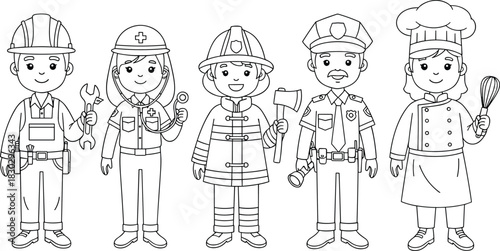 PrintCartoon professions, character illustration, occupation icons, career design, uniformed workers, vector people, job roles, educational graphic, white background