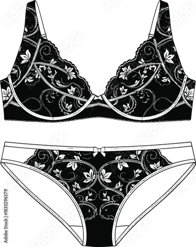 PrintElegant black lace lingerie set illustration featuring floral bra and panties design, fashion garment template for apparel designers, vector artwork