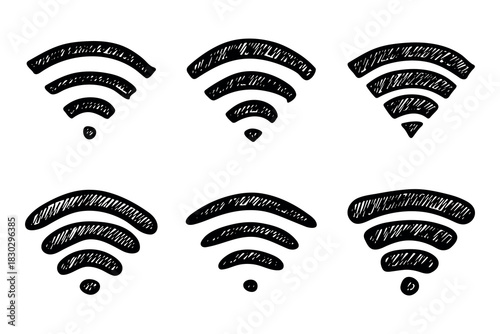 Set of hand drawn free wifi spot zone sign Public wi-fi area sign Wireless internet clipart in doodle style Single element for print, web, design, decor 3G, 4G, 5G, 6G, IoT