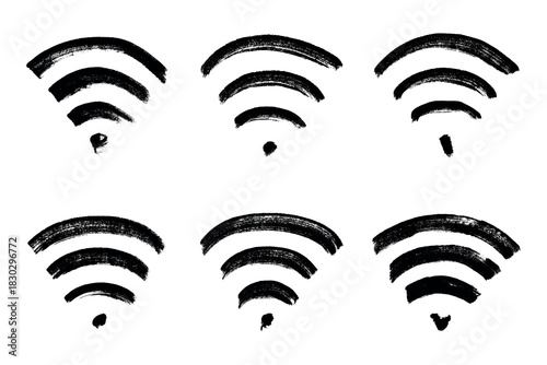 Set of hand drawn free wifi spot zone sign Public wi-fi area sign Wireless internet clipart in doodle style Single element for print, web, design, decor 3G, 4G, 5G, 6G, IoT