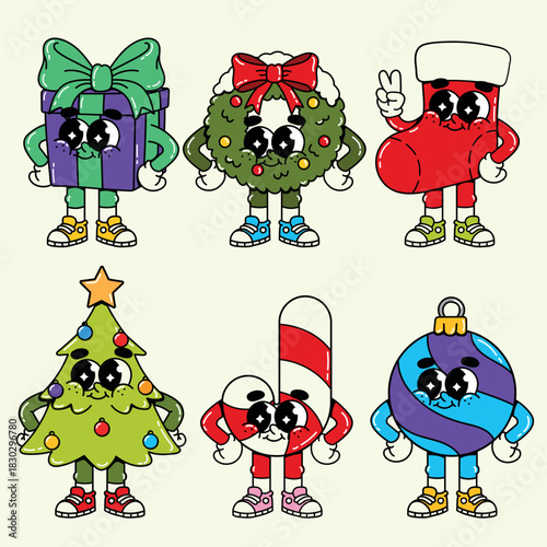 Retro Christmas Mascot Character Set. Six adorable retro cartoon mascot-style Christmas characters. The set includes a gift, a wreath, a stocking, a tree, a candy cane, and an ornament. Ideal for fest