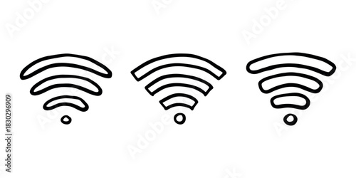 Set of hand drawn free wifi spot zone sign Public wi-fi area sign Wireless internet clipart in doodle style Single element for print, web, design, decor 3G, 4G, 5G, 6G, IoT