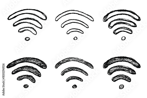 Set of hand drawn free wifi spot zone sign Public wi-fi area sign Wireless internet clipart in doodle style Single element for print, web, design, decor 3G, 4G, 5G, 6G, IoT
