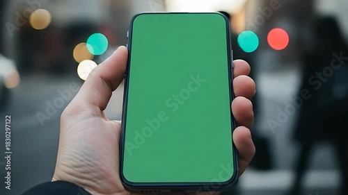 POV of hand holding smartphone with green screen on busy city street background