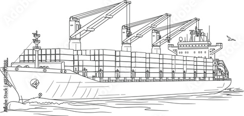 Cargo ship container vessel illustration, port logistics, global trade shipping crane loading ocean freight industrial silhouette isolated white background vector