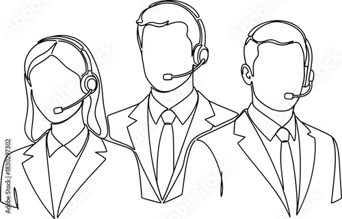 Customer Support Team Illustration, Call Center Agents, Headset Operators, Business Help Desk Staff, Technical Assistance, Telemarketing and Client Service Concept, Vector Line Art
