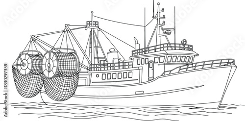 Fishing vessel and trawl nets illustration, commercial seafood industry, ocean boat, ship rigging, marine transport sketch, isolated white background vector line art design