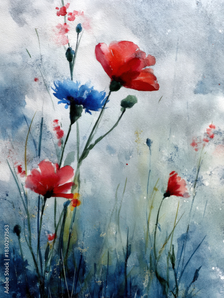 custom made wallpaper toronto digitalWatercolor Painting of Wildflowers: Red Poppies and Blue Cornflowers in a Dreamy, Abstract Meadow Landscape, Delicate Floral Art with Soft Colors